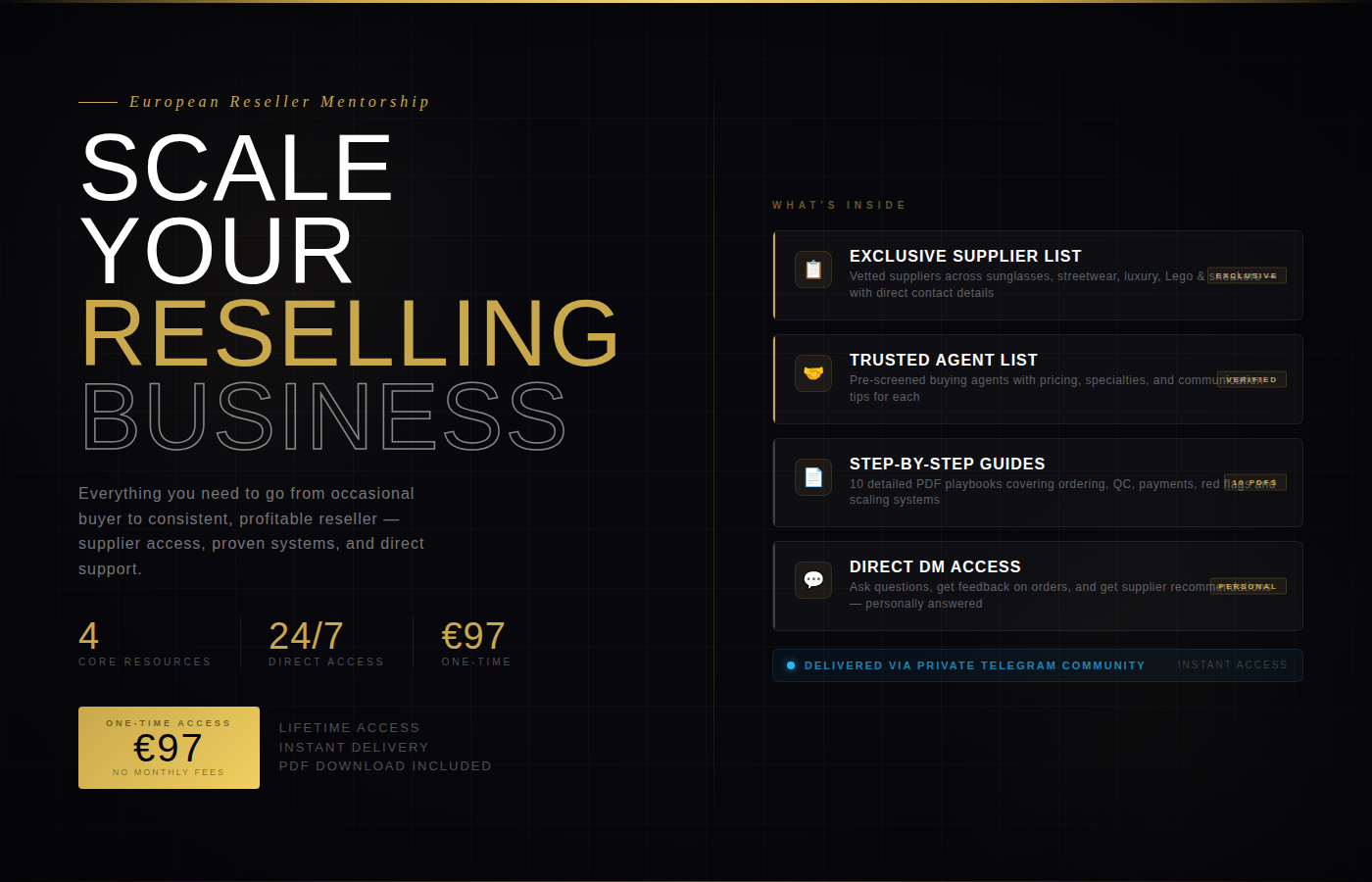 European Reseller Mentorship: Supplier List, Agent List, Step-by-Step Guides & Direct DM Access 97€ VALUE